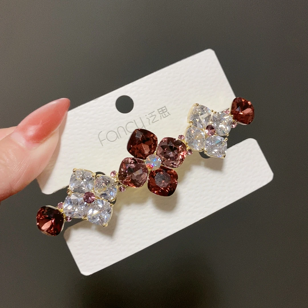 泛思7公分弹簧夹一字夹酒红重工复古时尚镶钻韩版轻奢发饰0997