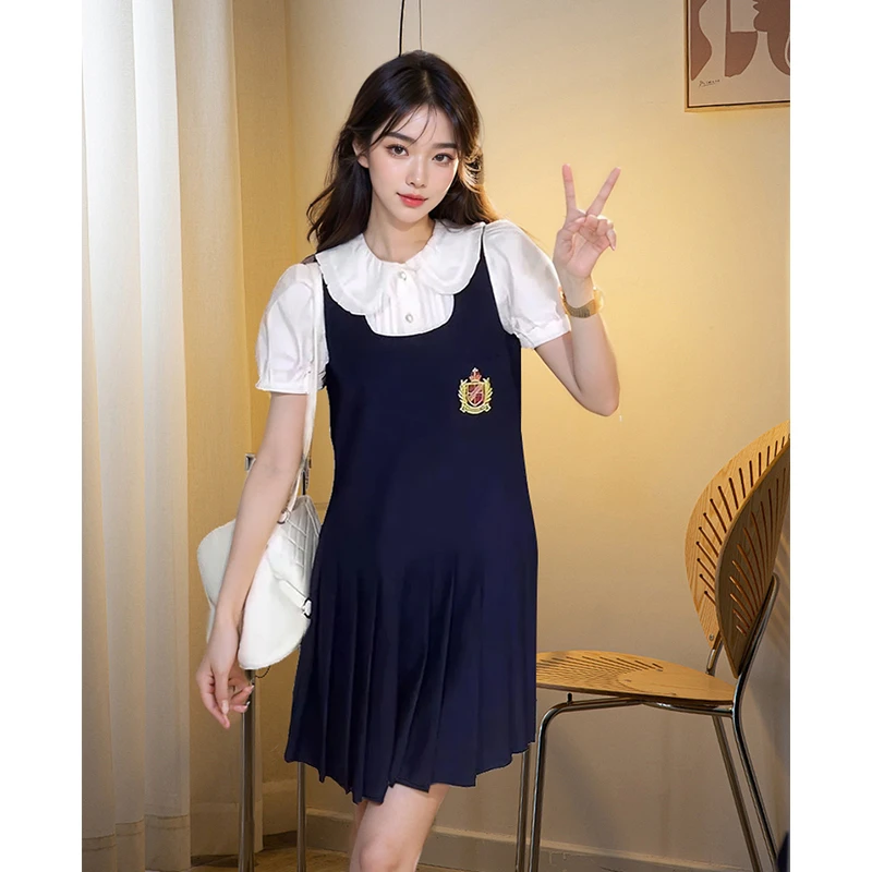 甜美缪系少女学院风吊带连衣短裙女夏季娃娃领减龄短袖衬衫两件套