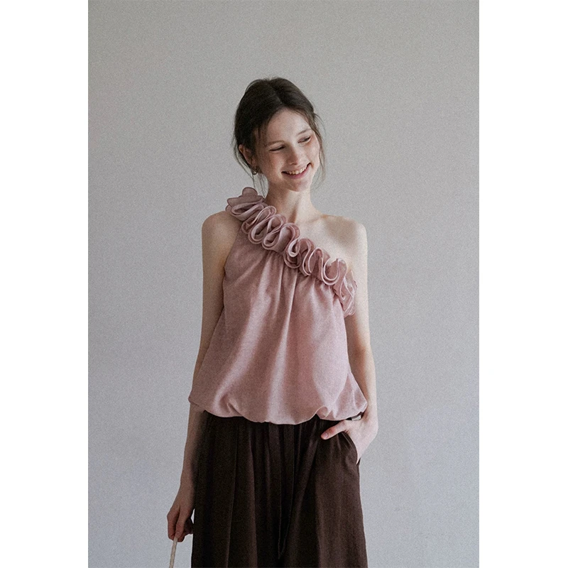 洋气衣服女气质设计感重工花边斜肩花苞背心上衣休闲直筒阔腿裤子