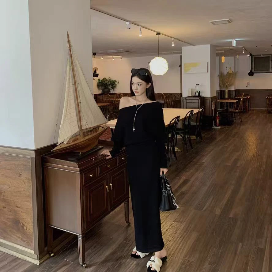 【轻熟织物】显瘦时尚才是主旋律秋冬斜肩针织毛衣连衣裙百搭气质