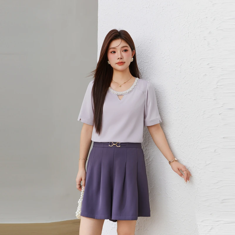 采多宝大码女装小香风珍珠领气质夏修身凉感梭织小衫 EXA5167