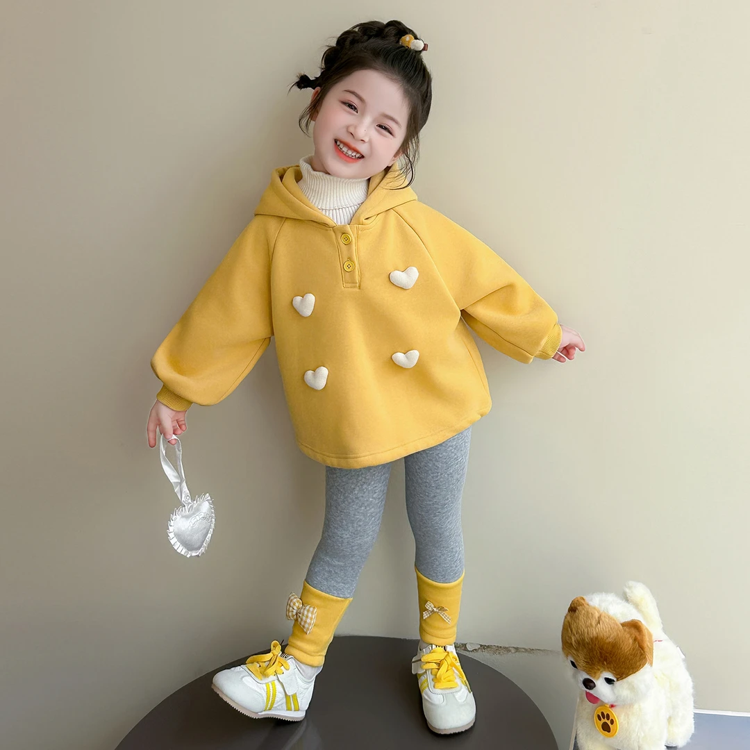 女童加绒套装秋冬季2025新款女宝宝连帽卫衣洋气儿童加厚两件套潮