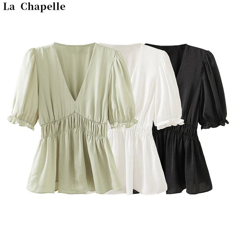 La Chapelle/拉夏贝尔甜美V领衬衫女气质娃娃衫设计感减龄上衣女