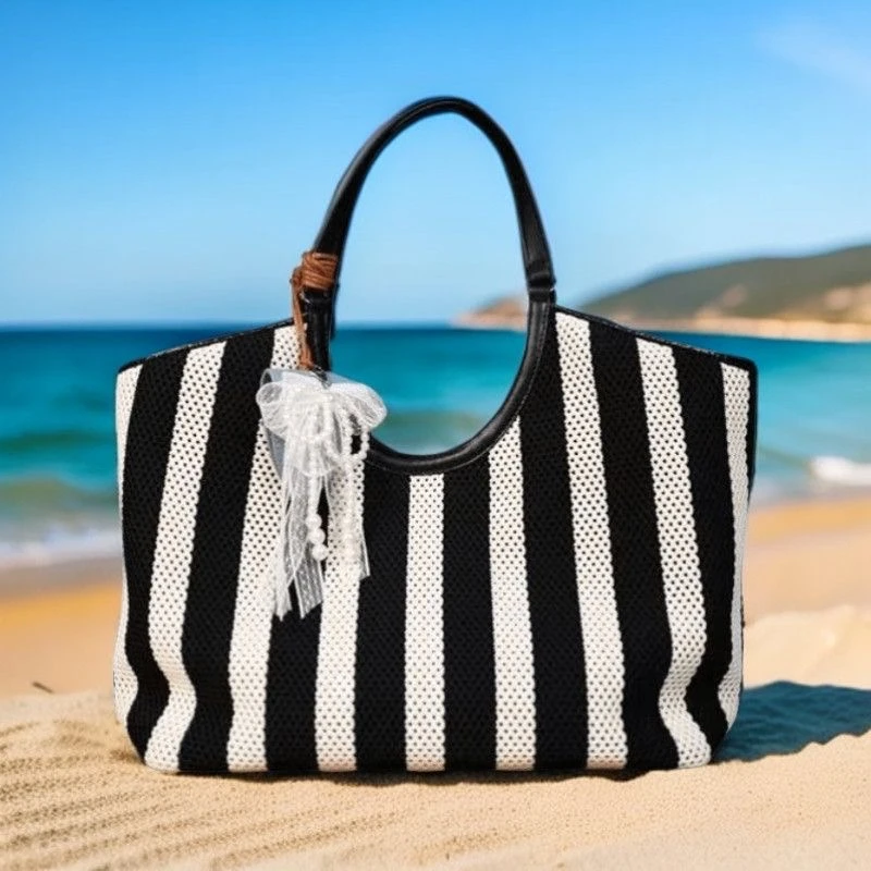 黑白条纹编织腋下包极简松弛编织包包女2025新款海边度假托特包