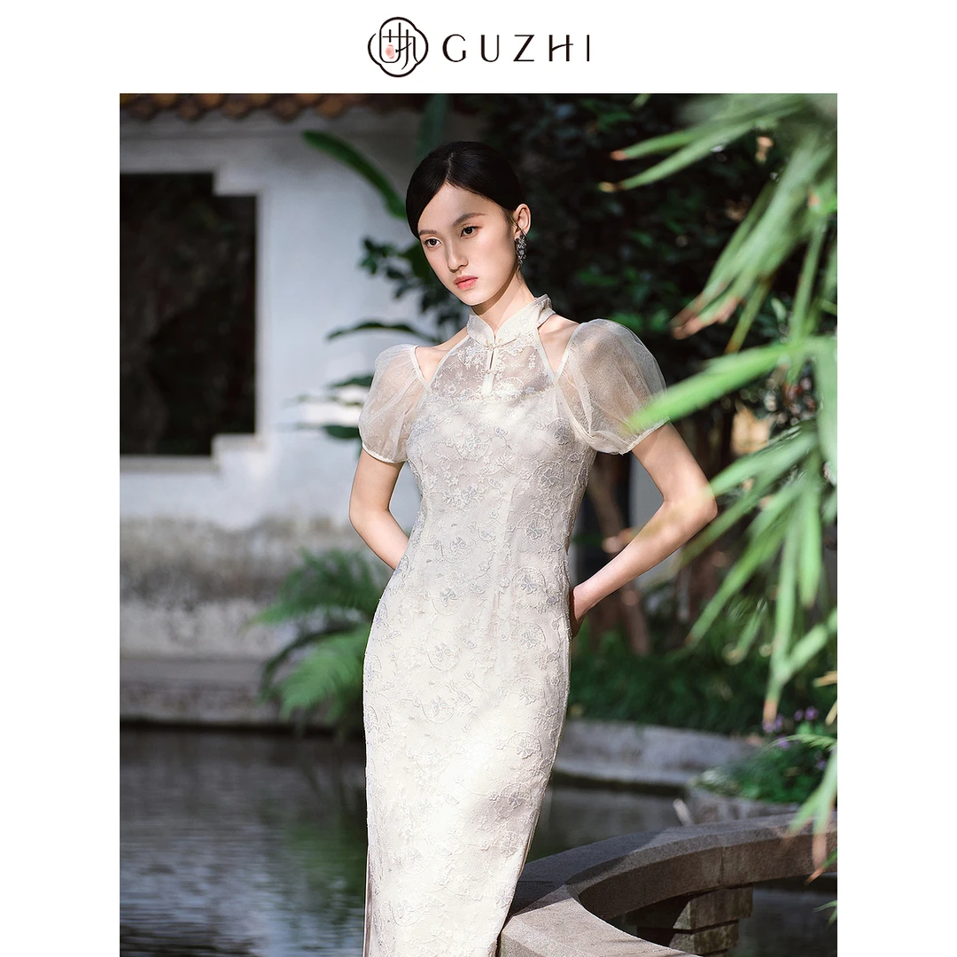 固执2025夏季新款中式立领蕾丝短袖中长款旗袍气质连衣裙