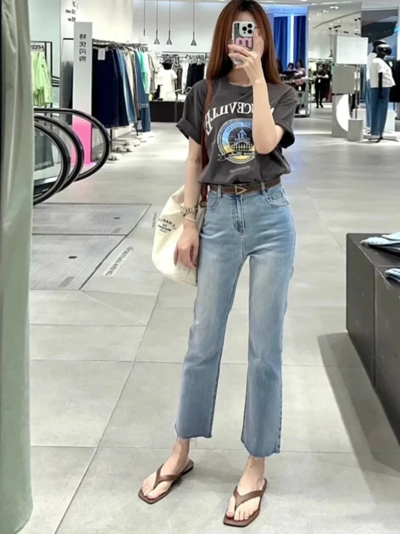 76510-Rouje 烟管直筒牛仔裤女夏季宽松显瘦浅色九分烟管裤潮