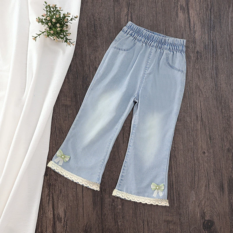 女童天丝牛仔裤夏季防蚊裤宝宝轻薄款长裤小女孩洋气微喇叭裤子