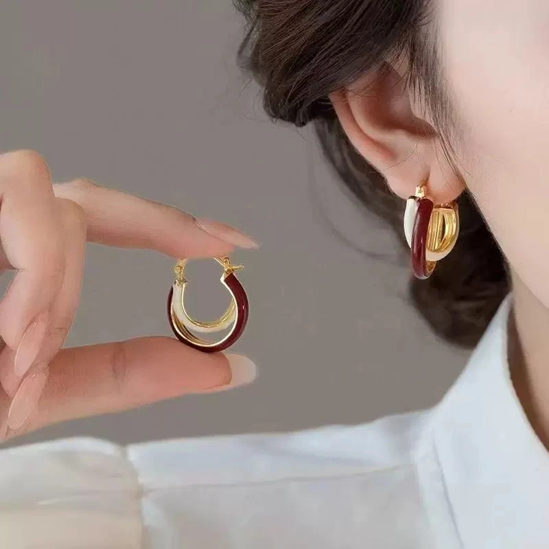 铜合金耳饰 法式复古酒红撞色耳扣气质耳环秋冬轻奢耳饰N2282