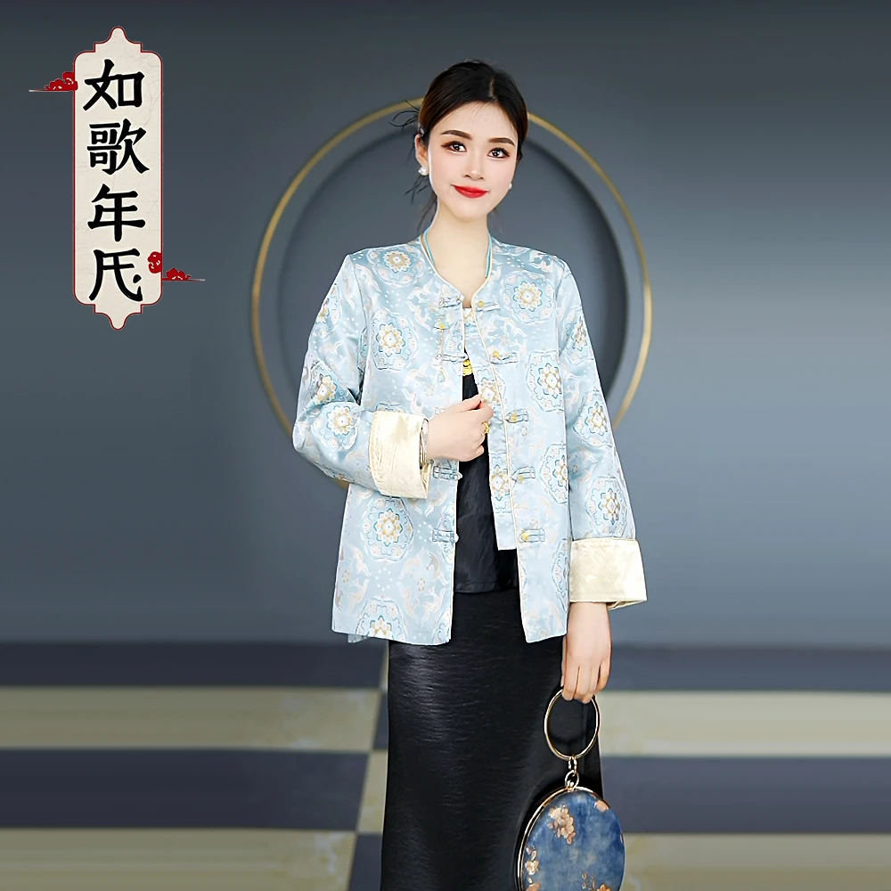 宝鹿-如歌年代春季新款国风重工提花缎面长袖外套时尚显瘦上衣女