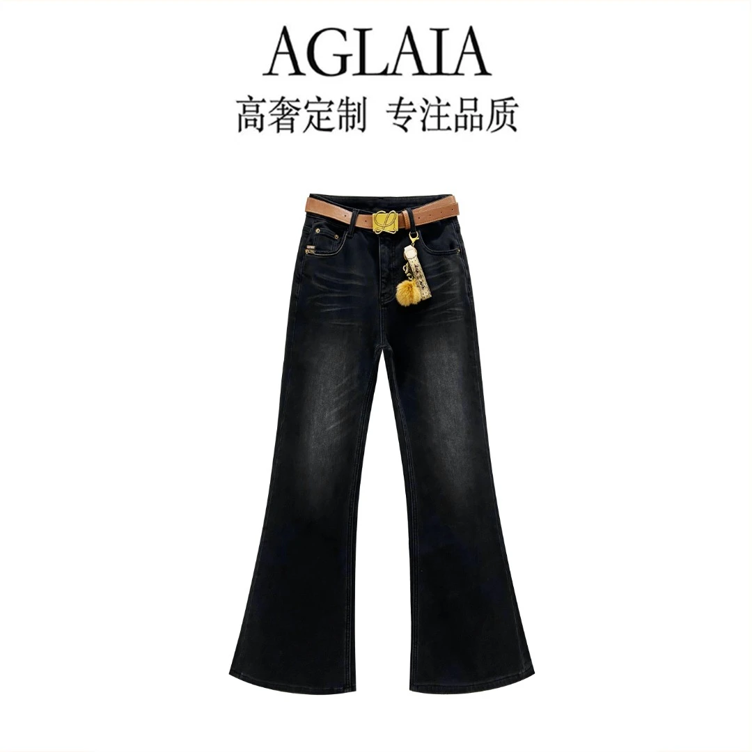 AGLAIA~2025秋冬高腰修身显瘦加绒加厚弹力微喇牛仔裤女8323