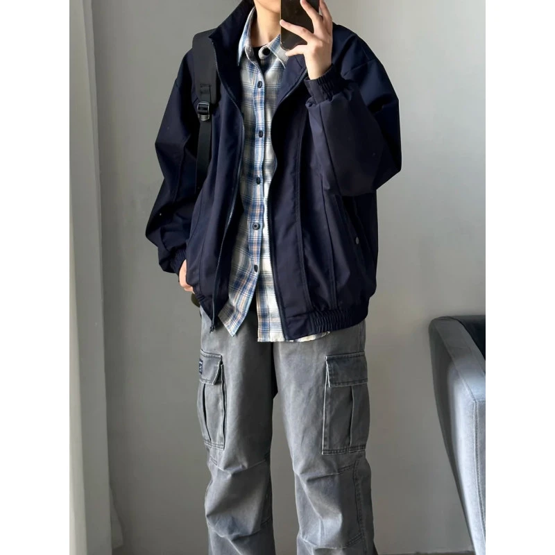 藏青色解构正肩外套男秋季痞帅立领棒球服美式复古底特律工装夹克