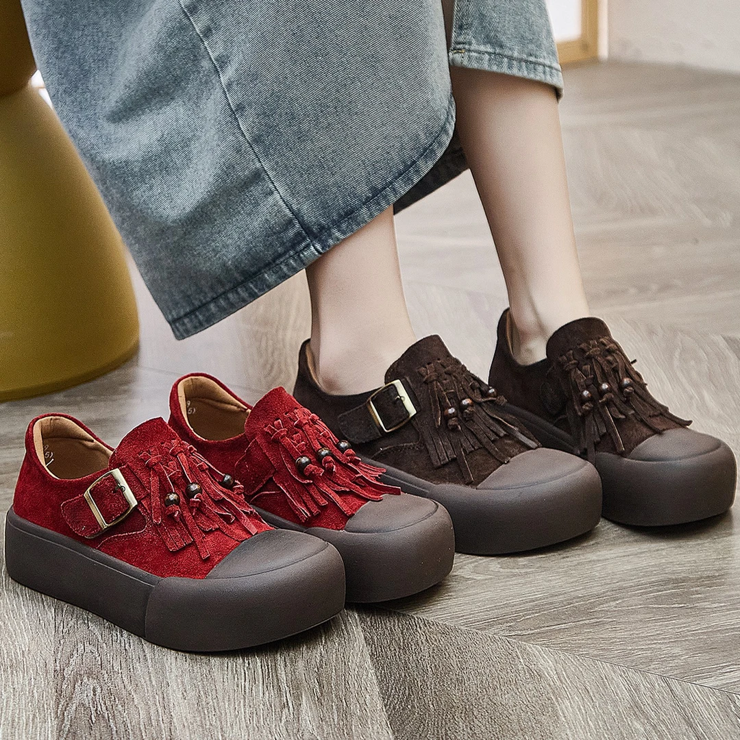 复古美式小众鞋子新爆款春秋款厚底学生鞋磨砂流苏舒适女士休闲鞋