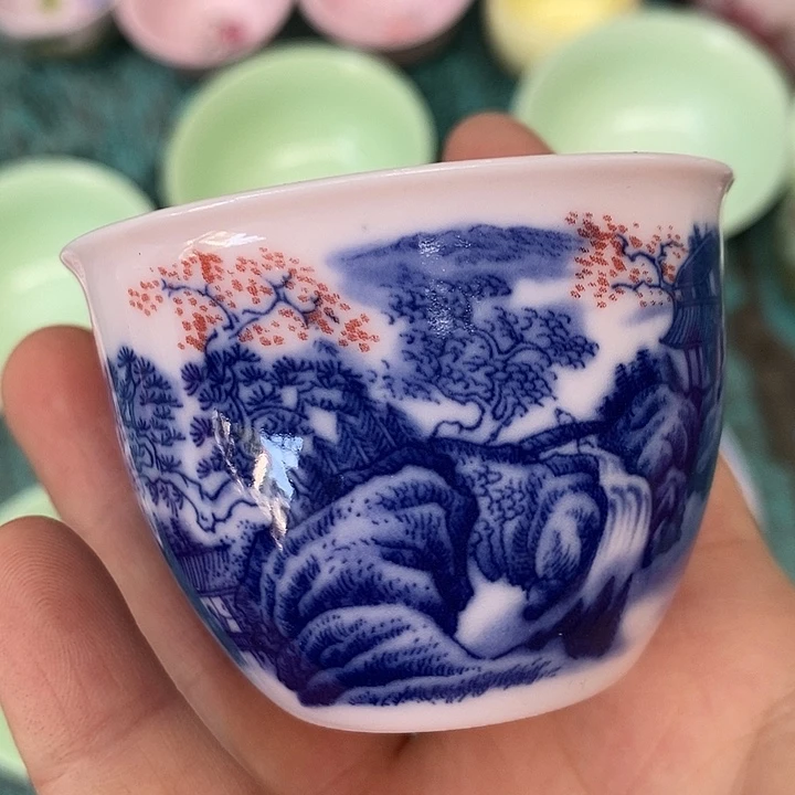 摆件陶红稀土山水釉里红小缸杯
