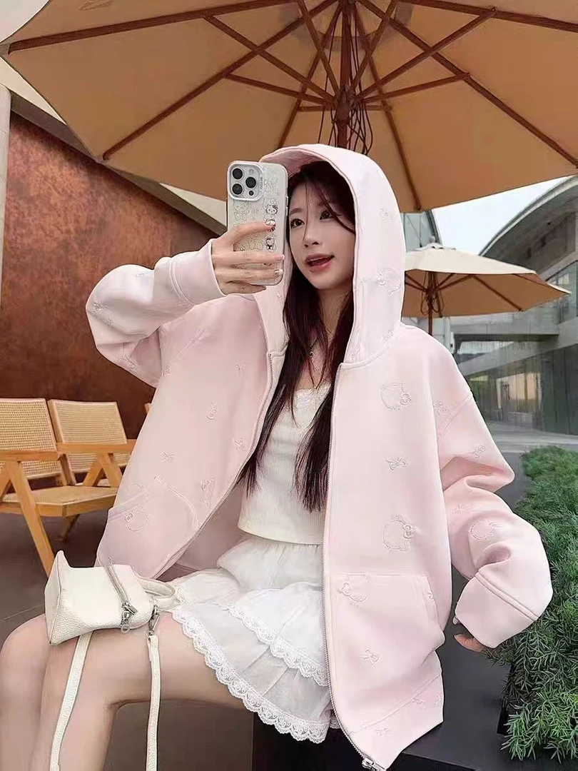 【运费险+赠品发箍】连帽长袖kitty刺绣卫衣外套女宽松设计感甜美