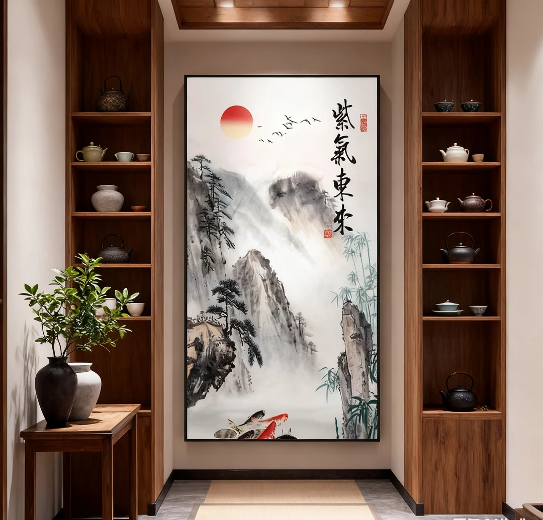 紫气东来玄关装饰画新中式楼梯过道竖版山水挂画走廊尽头风水壁画