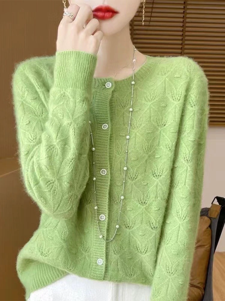 2025秋冬新款百搭休闲毛衫打底开衫镂空宽松显瘦长袖毛衣短款时尚