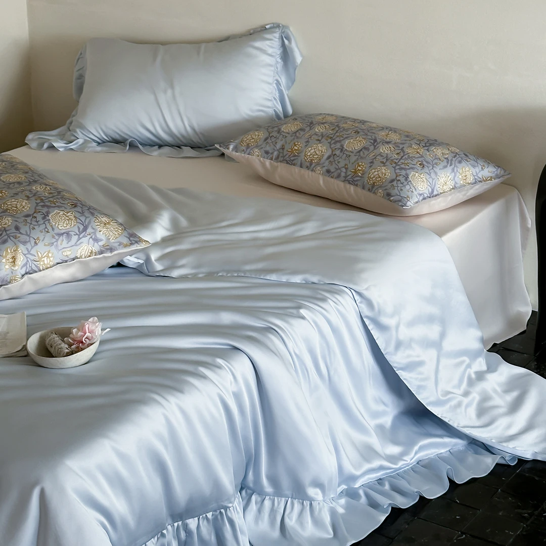 法式轻奢天丝被套六件套凉感丝滑裸睡高级感床单夏季蓝色冰色床品