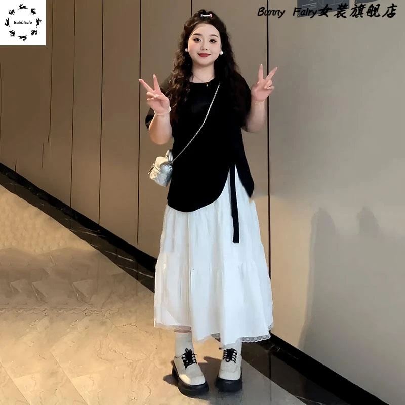 大码宽松黑色上衣a字半裙两件套女胖mm显瘦超好看春夏穿搭一整套