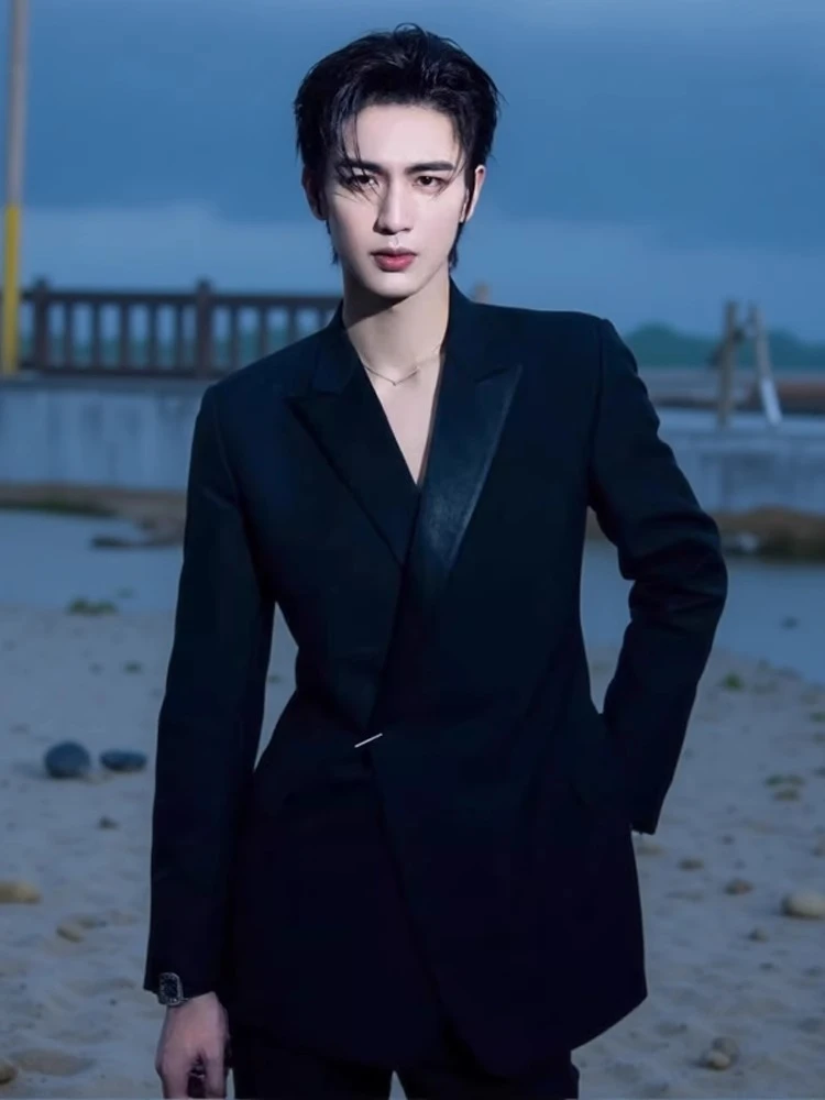 张凌赫同款黑色垫肩西服外套春秋季西装新郎结婚西服西装男外套