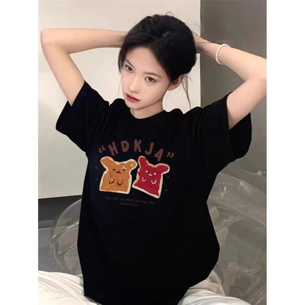 夏季纯棉正肩短袖t恤女2025新款爆款设计感小众美式宽松半袖上衣