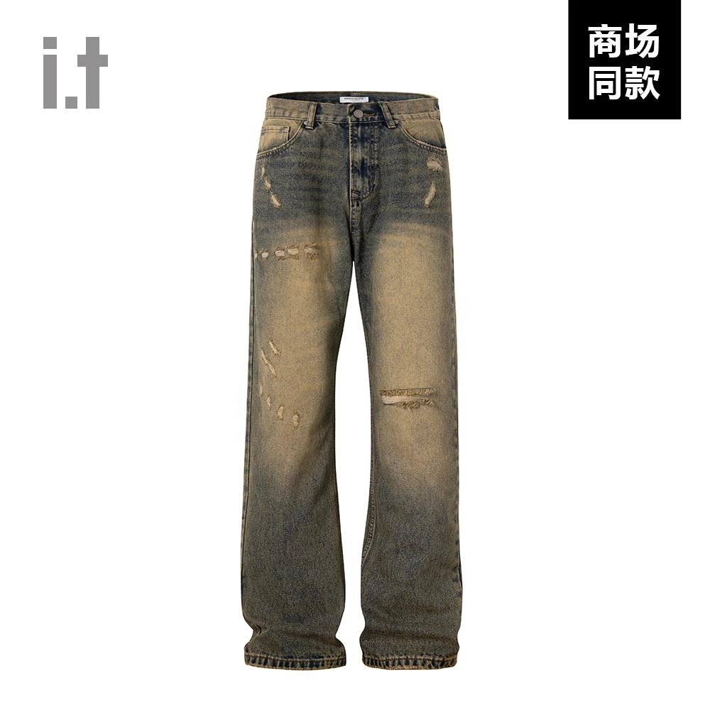 I.T旗下CHOCOOLATE秋季美式高街破洞休闲牛仔裤男款重工做旧直筒