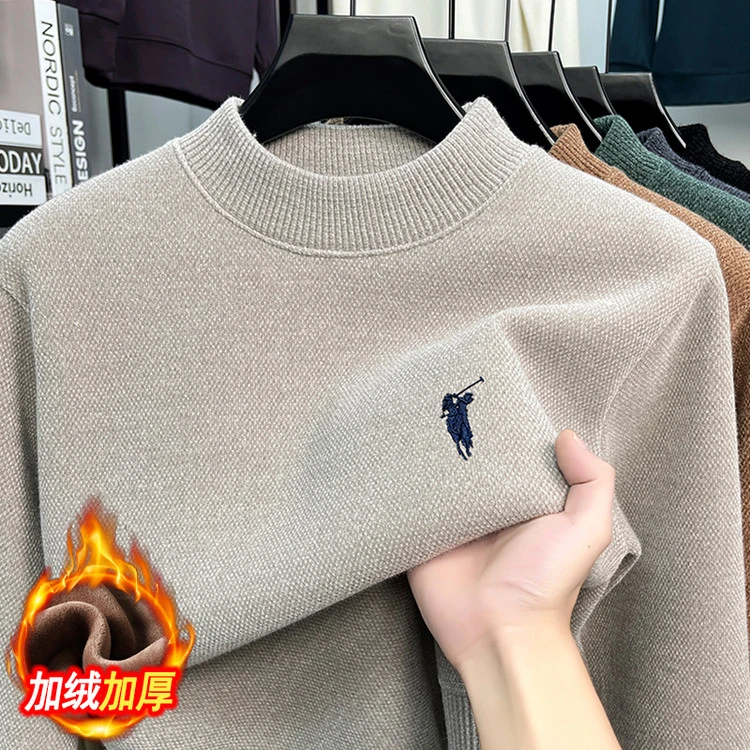 【一体绒】半高领加绒加厚男士毛衣男装潮冬季保暖针织衫绣花打底衫