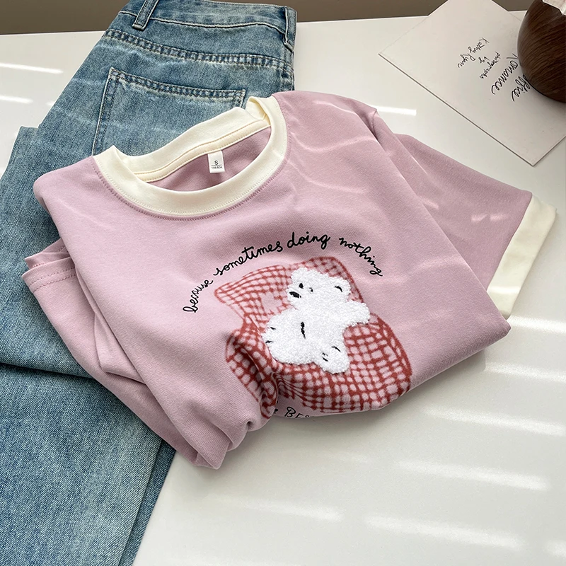 卡通植绒小熊短袖T恤衫夏季新款洋气小众上衣服宽松百搭女装ins风