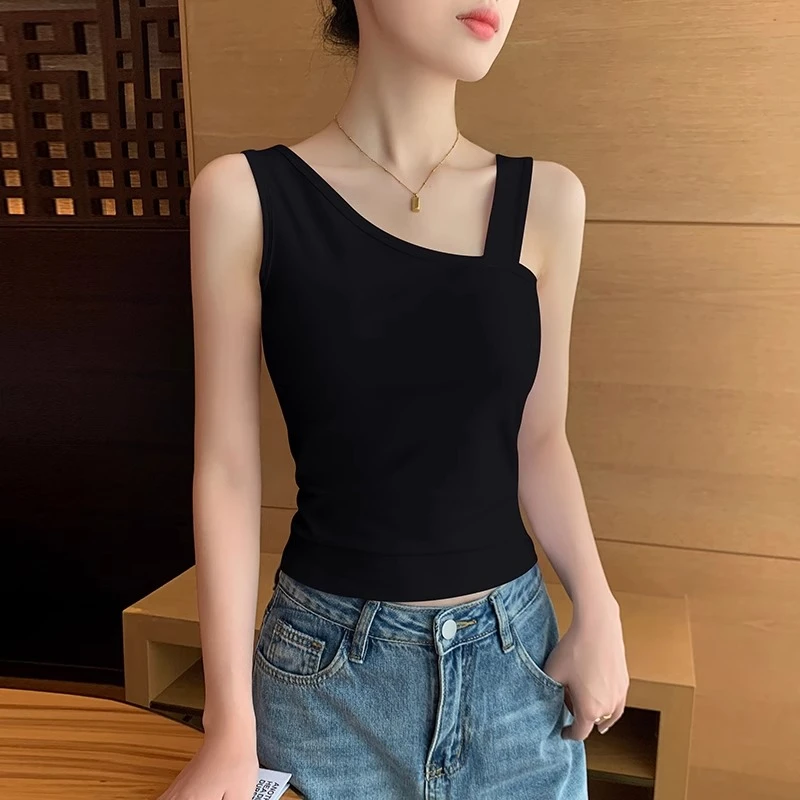 黑色斜肩吊带背心女2025新款棉质打底内搭美背外穿设计感无袖上衣