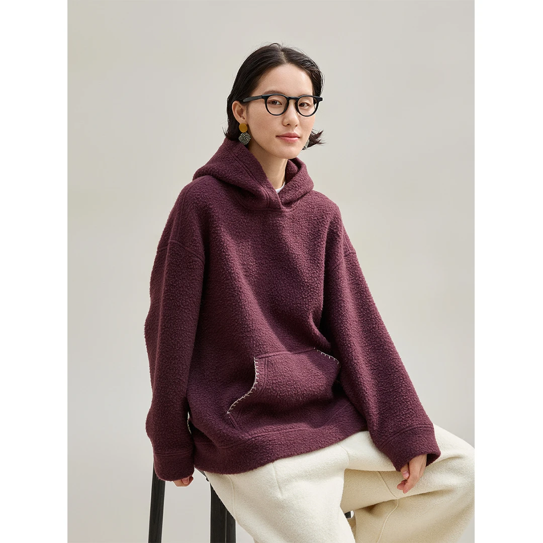 麻霖绵羊毛混纺羊羔毛肌理感软糯厚实连帽撞色特种绣文艺上衣卫衣