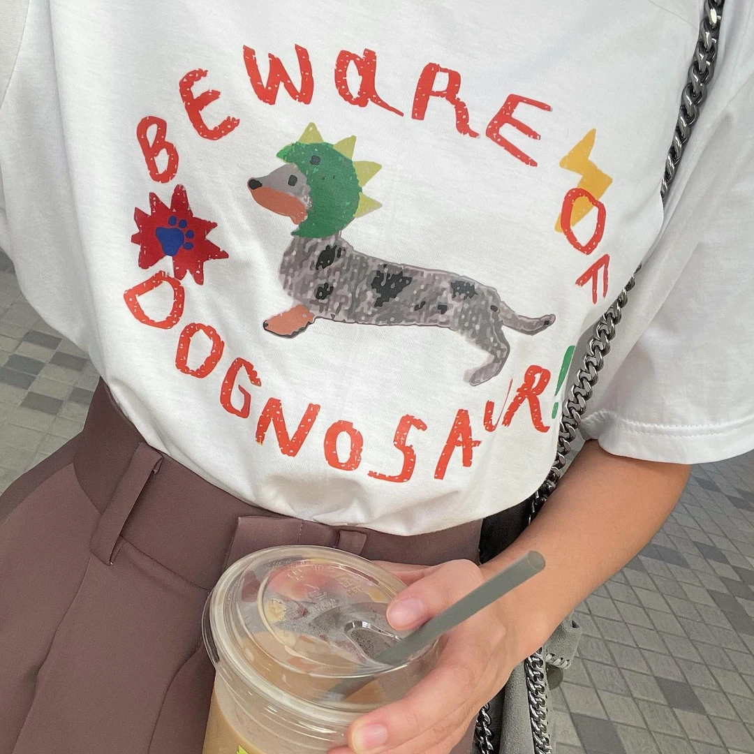 韩系ins腊肠狗字母印花短袖圆领T恤女夏季宽松学院风百搭白色上衣