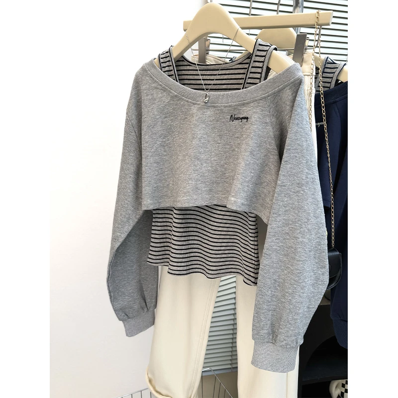 花灰色斜肩卫衣外套女秋季2025新款背心吊带两件套一字肩短款上衣