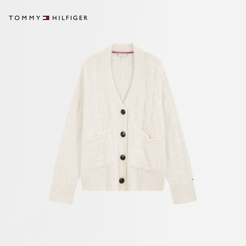 Tommy女装含羊毛混纺休闲慵懒纽扣V领宽松针织开衫外套毛衣40348