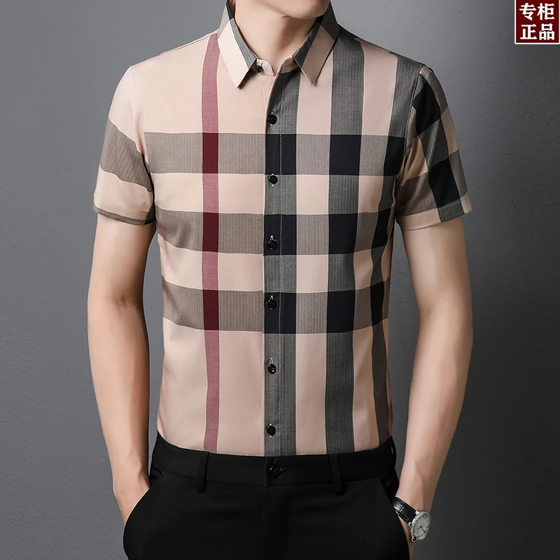 奢品英伦夏季新款短袖衬衫男商务时尚潮流百搭衬衣薄款休闲修身款