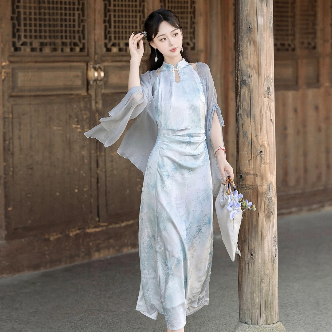 观南桥原创设计【夜雨寄北】新中式女国风日常外披旗袍新款套装X041