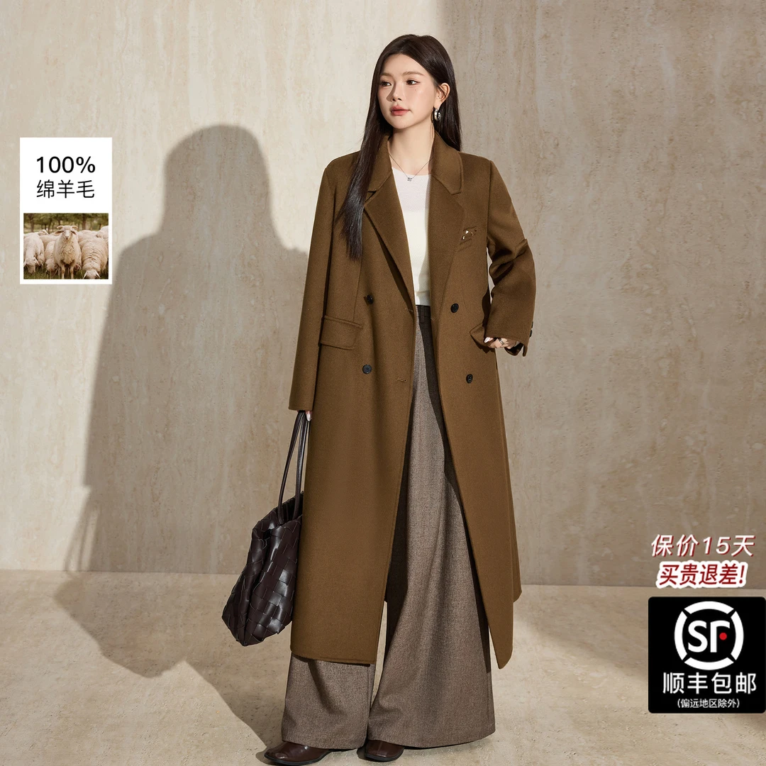 蓝语大码女装经典双排扣羊毛双面呢大衣冬季保暖毛呢外套