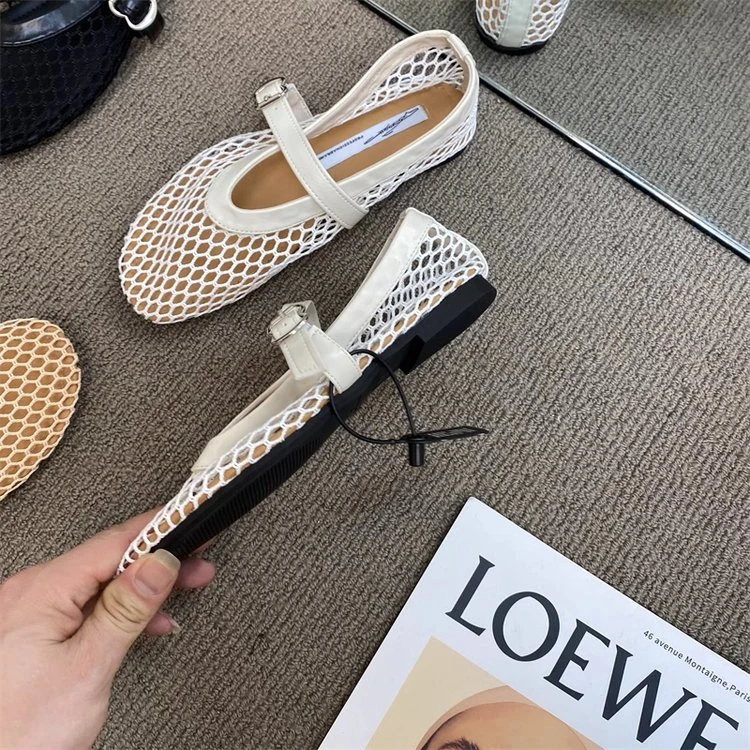 网纱镂空平底鞋女夏季2025年新款满钻一字扣玛丽珍鞋淑女浅口单鞋