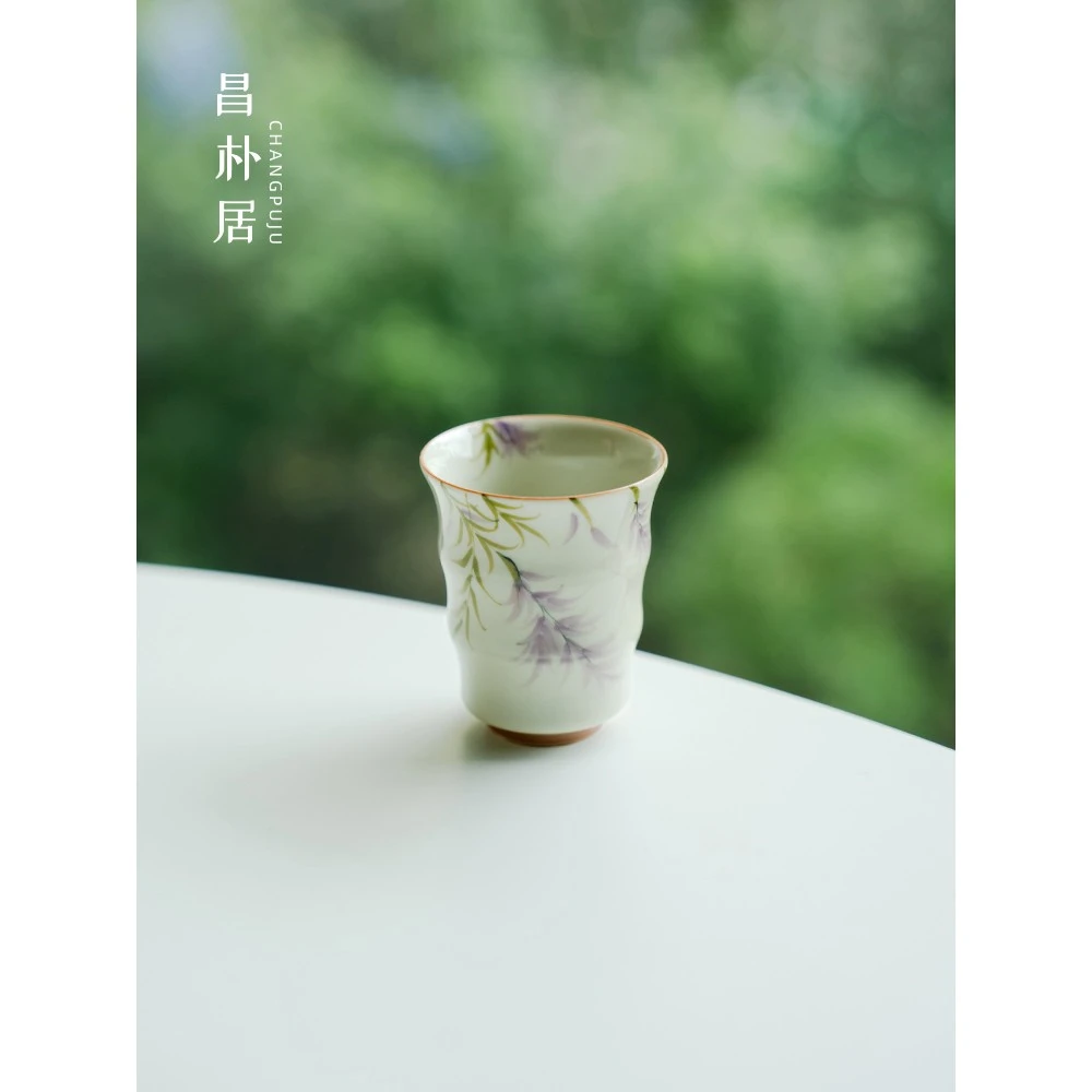 新款茶杯主人杯草木灰纯手绘紫藤花竹节杯品茗杯单个茶具陶瓷杯