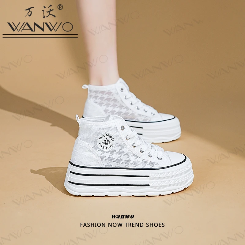 【增高5CM】网面蕾丝厚底女鞋夏季小白鞋女网纱高帮透气2025新款