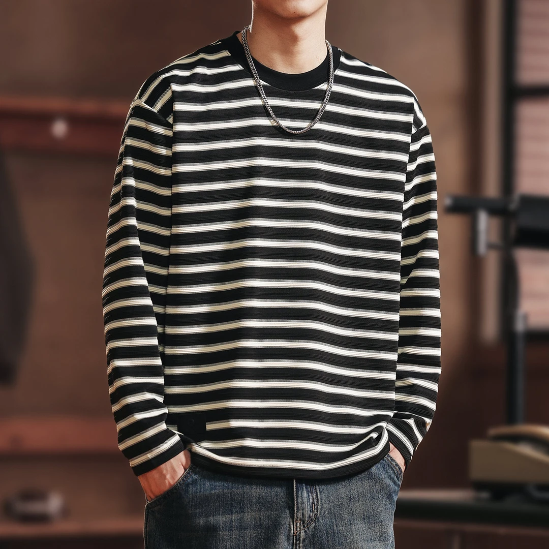 U&PURA美式复古280g重磅条纹长袖t恤男士秋季新款宽松海魂衫上衣