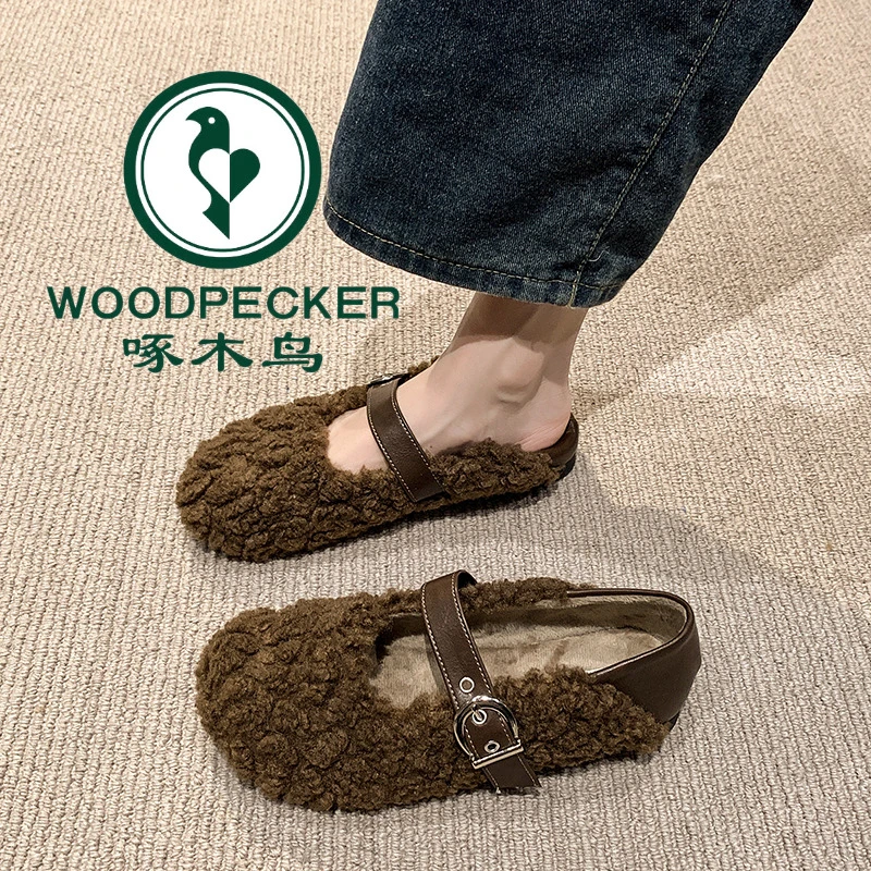 啄木鸟一脚蹬豆豆鞋女冬2025秋冬新款百搭毛毛鞋外穿加绒保暖棉鞋