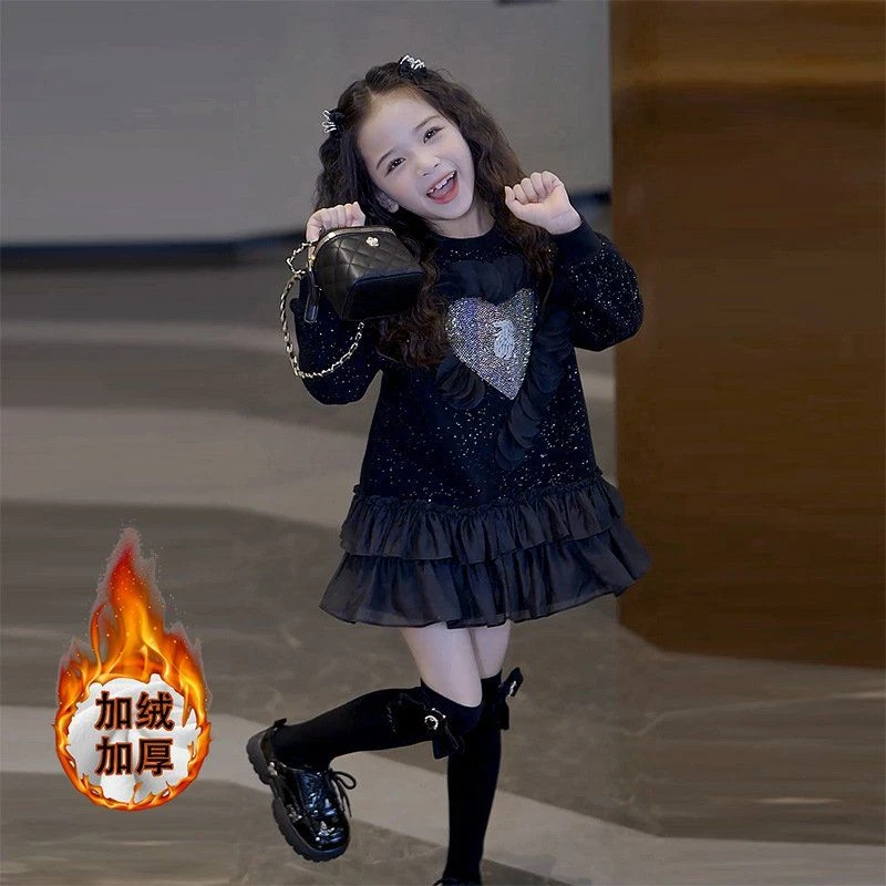 女童加绒连衣裙秋冬2025新款儿童时髦洋气小黑裙冬装女孩蓬蓬裙子