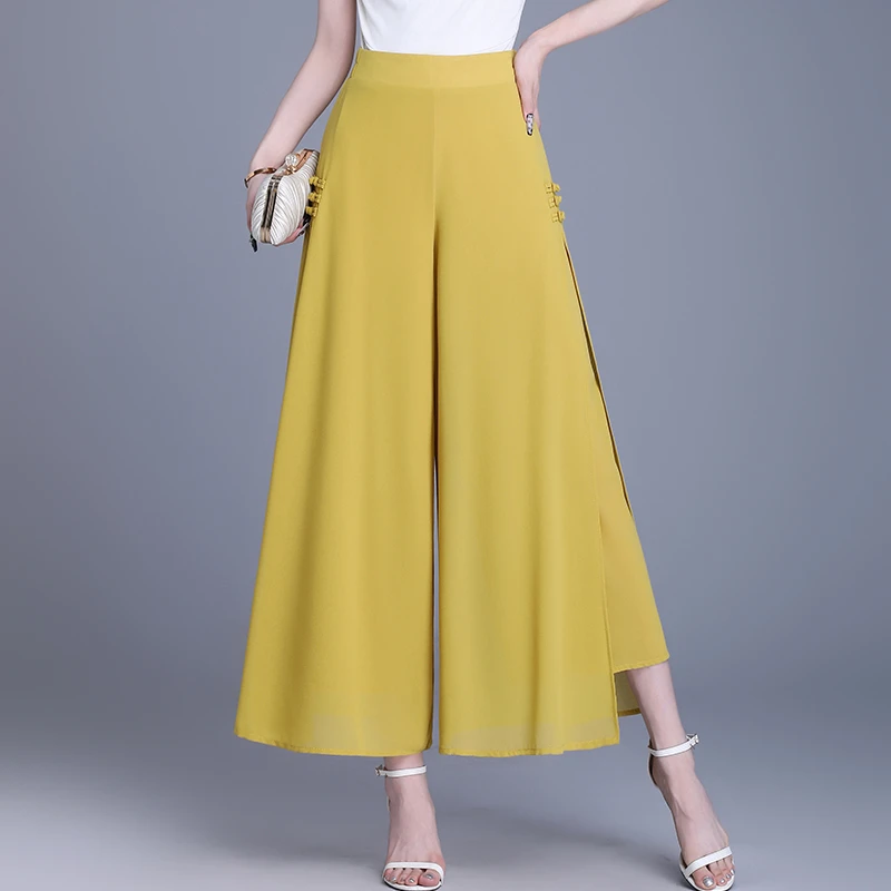 雪纺裤阔腿裤女裤裙2025夏季黄色垂感飘逸休闲裤九分裤高腰裙裤子