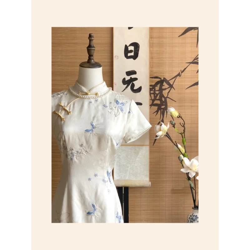 【梦蝶】新中式改良旗袍日常气质收腰蝴蝶刺绣国风连衣裙长款夏季