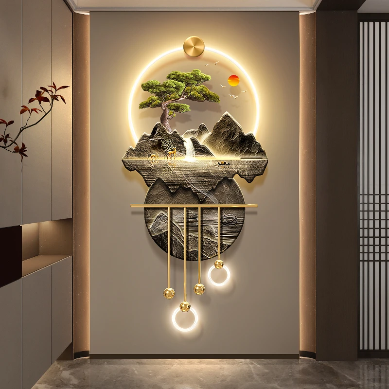 迎客松玄关装饰画流水生财走廊过道挂画电视背景墙灯画九鱼铁艺灯