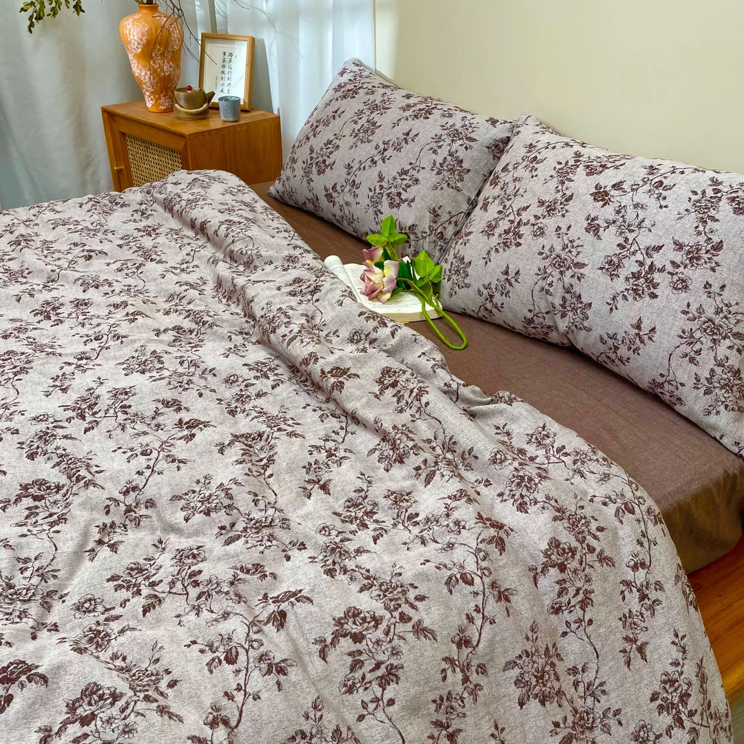 【花季】中古奶油侘寂风立体浮雕提花全棉四件套纯棉双层纱被套床单