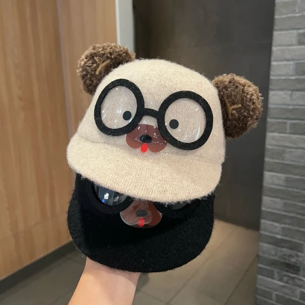 【学霸小熊】宝宝帽子秋冬搞怪眼镜短檐鸭舌帽男女童毛呢保暖马术帽