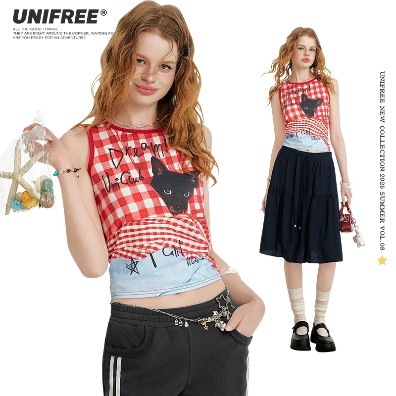 unifree【25年夏】撞色格纹背心吊带女甜美印花韩系时尚减龄上衣