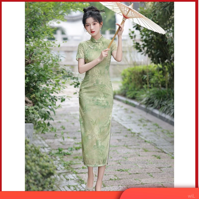 绿色气质旗袍女2025夏季年轻款高端长款优雅改良中国风显瘦新中式