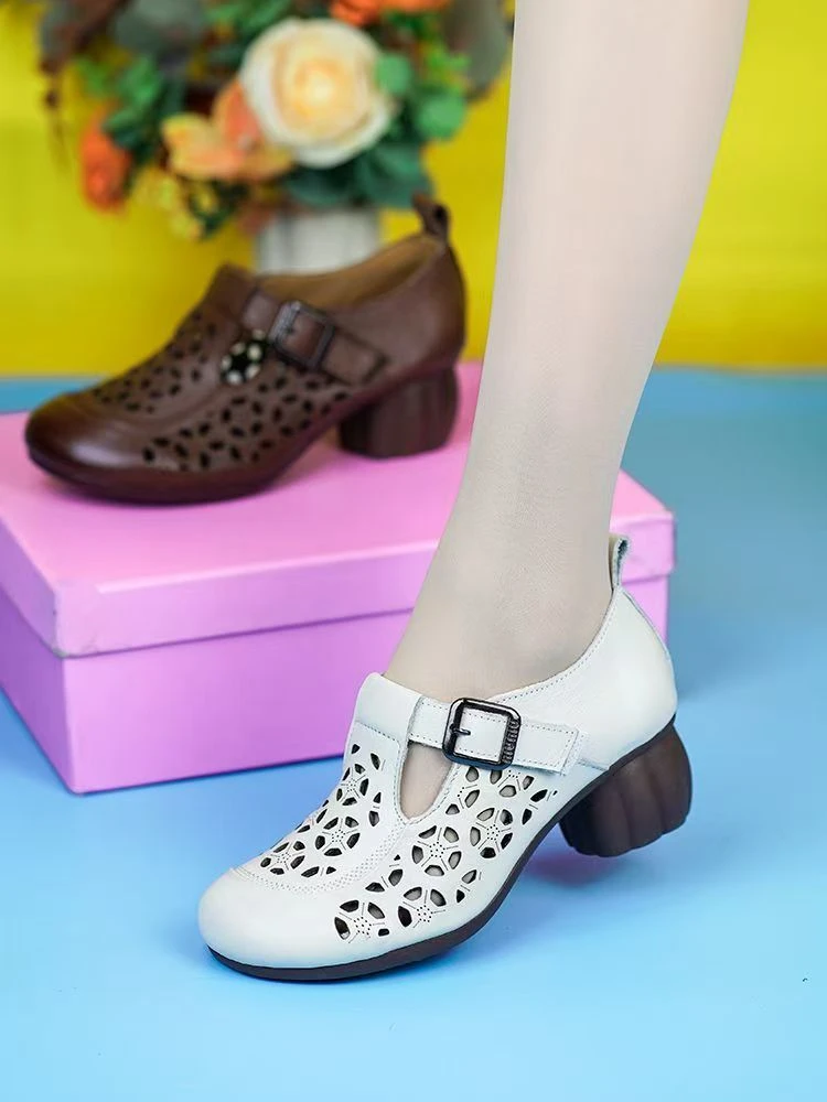 【商场专柜】真软皮新款厚底休闲舒适透气镂空单鞋女圆头软底洞洞鞋