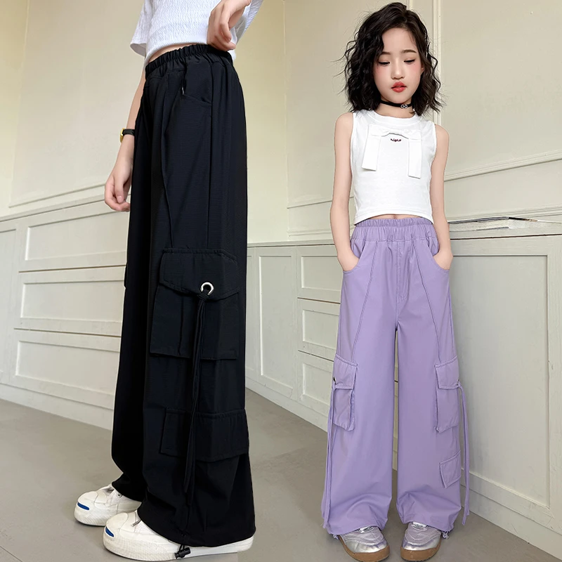 女童工装裤夏装新款洋气儿童裤子夏天薄款冰丝防蚊裤中大童阔腿裤